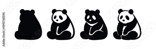 Sitting Panda Bear Animal Icon Set in Black and White Silhouette and Outline Style