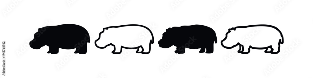 Fototapeta premium Simple Hippopotamus Icons Set. Cute Hippo Vector Silhouettes and Outlines on White Background.