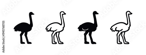 Ostrich Icon Set with Solid and Outline Silhouettes, Minimalist Vector Illustration