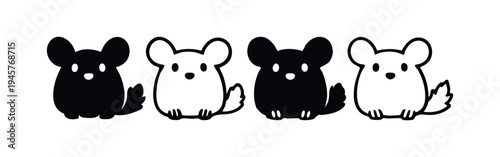 Adorable Chinchilla Icon Set with Solid and Outline Silhouettes, Pet Rodent Vector