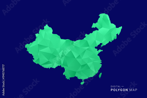 China Map - low poly polygon vector, geometric triangulated silhouette in green and blue tones, clean modern style, isolated background for infographic use.