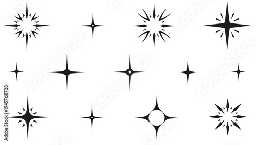 A set of modern, abstract starburst graphics in black on a white background, conveying energy and dynamic movement.