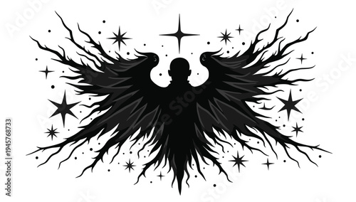 A stylized black and white design featuring starbursts and abstract lines on a clean background, conveying a sense of dynamic energy and creativity.