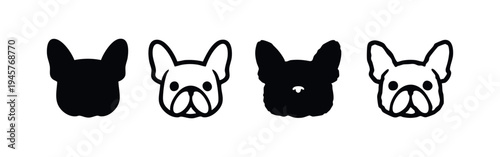 French Bulldog Face Icons. Cute Dog Head Silhouettes and Outlines on White Background.