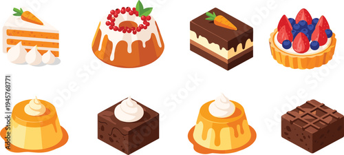 Delicious cake and dessert collection with carrot cake, bundt cake, berry tart, chocolate brownies, caramel pudding, sweet bakery vector illustration.