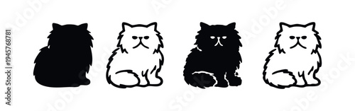 Persian Cat Icons Set. Cute Fluffy Kitten Silhouettes and Outlines on White Background.
