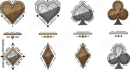 Vintage playing card suit symbols vector set with hearts, spades, clubs, and diamonds decorative casino game icons