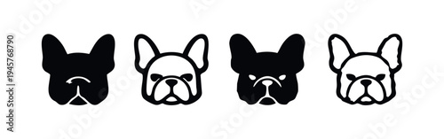 French Bulldog Head Icons. Cute Dog Face Silhouettes and Outlines on White Background.