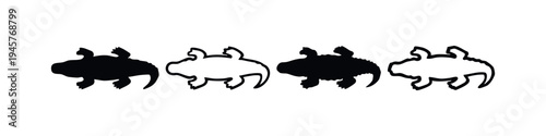 Minimalist Crocodile Icons Set. Alligator Silhouettes and Outlines on White Background.