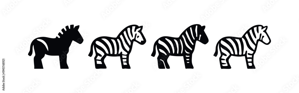Obraz premium Collection of Stylized Zebra Icons, Four Distinct Zebra Illustrations, Abstract Zebra Vector Set on White Background