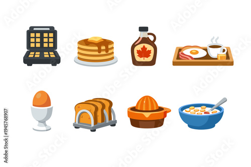 Collection of delicious breakfast food icons and cooking appliances