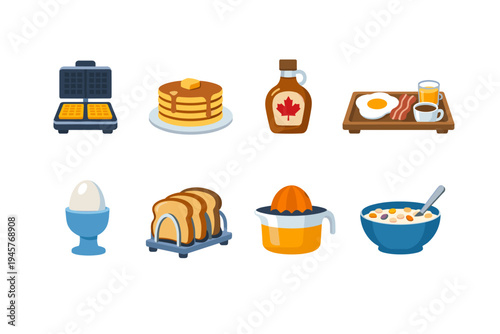 Collection of delicious breakfast icons including waffles, pancakes, and coffee