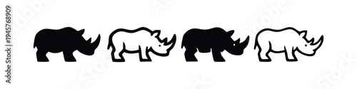 Set of Stylized Rhinoceros Icons, Four Variations of Rhino Graphics, Abstract Black and White Rhino Illustrations