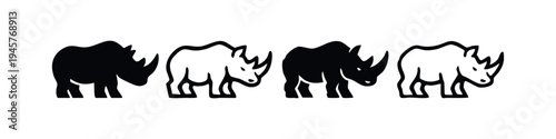 Stylized Rhinoceros Icons Set, Black and White Rhino Vector Graphics, Abstract Rhino Illustrations on White Background