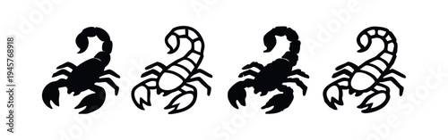 Aggressive Scorpion Icon Set with Solid Black and Outline Styles, Venomous Insect Vector Illustration