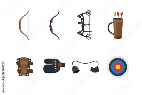 Collection of archery equipment including bows, arrows, quiver, arm guard, finger tab, and target