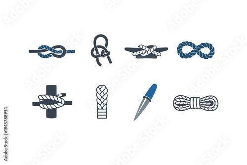 Collection of nautical knot icons and rope illustrations on white background