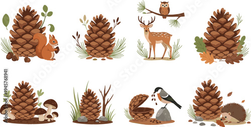 Autumn forest elements vector set with pine cones, squirrel, deer, owl, hedgehog, mushrooms, and woodland nature illustrations