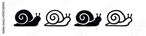 Stylized Snail Icons Set, Black and White Snail Vector Graphics, Abstract Gastropod Illustrations on White Background
