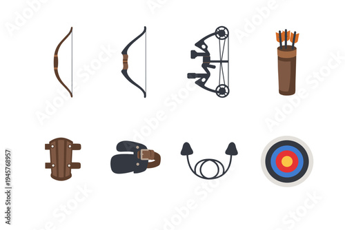 Collection of archery equipment including bows, arrows, quiver, arm guard, finger tab, and target