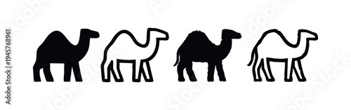 Cartoon Dromedary Camel Icon Set with Solid Black and Outline Styles, Desert Animal Vector Illustration