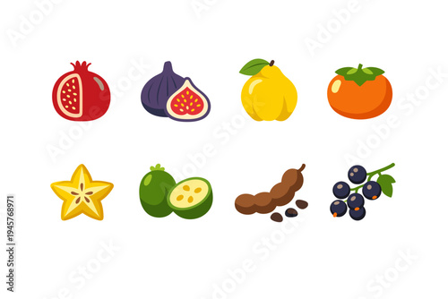 Collection of eight exotic and common fruits depicted in a simple, clean, flat design style