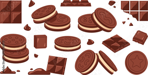 Chocolate Cookies and Chocolate Bar Vector Set with Biscuit Sandwich Pieces Cocoa Dessert Snack Illustration for Bakery Menu Packaging and Sweet Food Design