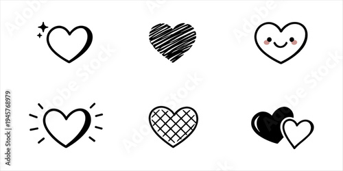 Set of Hand-Drawn Heart Illustrations with Various Designs and Styles