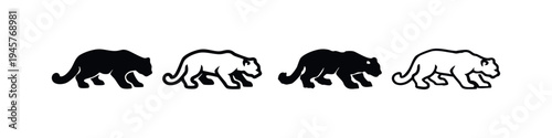 Stylized Panther or Jaguar Walking Icons - Big Cat Silhouette Vector Set
