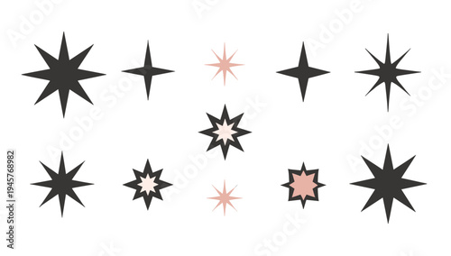 A minimalist design featuring black starburst shapes on a white background, conveying simplicity and modernity.