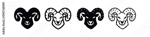 Stylized Ram Head Logo and Icon Set in Black and Outline Vector Format