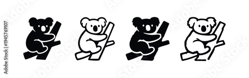 Set of four koala bear icons clinging to a branch, black and outline vector illustrations.