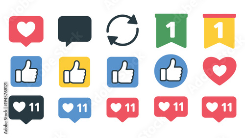 Vibrant social media icons collection, featuring hearts, speech bubbles, arrows, numbers, likes, and message counts in high-quality vector format for interactive design, apps, and online platforms.