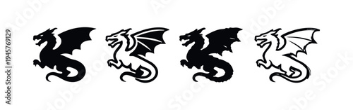 Set of four dragon icons in different styles, black and white illustrations of mythical beasts.