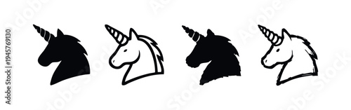 Collection of four unicorn head icons in varied black and white artistic styles, mythical creature vector art.