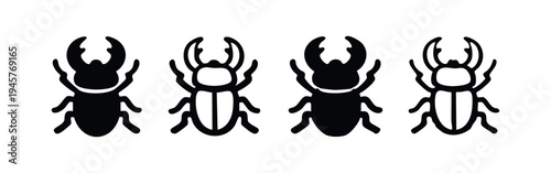 Four stag beetle icons in varied black and outline vector illustrations, insect collection.