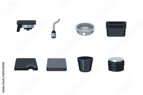 Collection of modern flat design icons for coffee brewing equipment and accessories