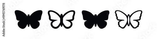Set of four butterfly icons in different black and outline styles, nature vector illustration.