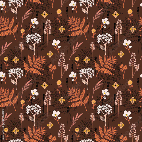 Fotografi Seamless Autumnal Botanical Pattern with Fern Leaves and Wildflowers on Warm Bro