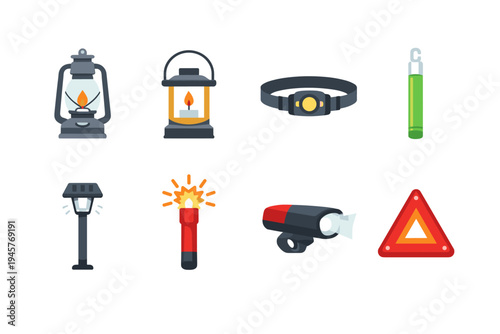 Collection of various lighting and safety equipment icons for outdoor activities