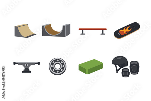 Skateboarding equipment and obstacles collection, flat design icons