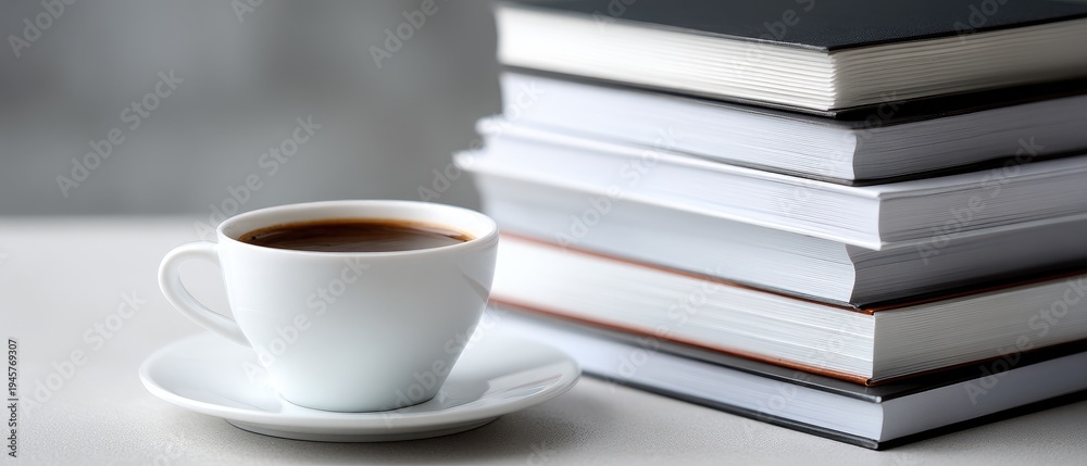 Naklejka premium Coffee cup sits next to a stack of books on a white table in a minimalistic setting for study or reading time during the day