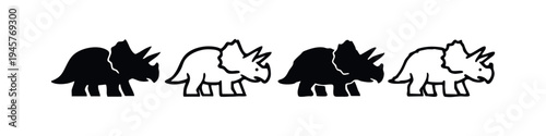 Triceratops Dinosaur Icon Set. Black Silhouette and Outline Prehistoric Animal Symbols on White Background.