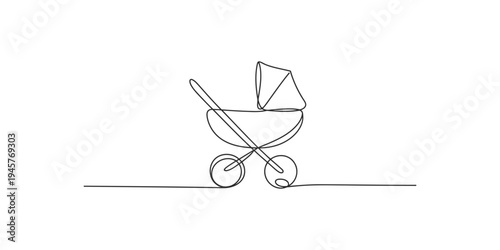 Continuous line drawing of a baby stroller with wheels and hood carriage pram minimalist simple