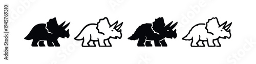 Triceratops Dinosaur Icon Set. Black Silhouette and Outline Prehistoric Animal Symbols with Rough Edges.