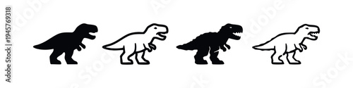 Aggressive T-Rex Dinosaur Icon Set. Black Silhouette and Outline Roaring Prehistoric Animal Symbols.