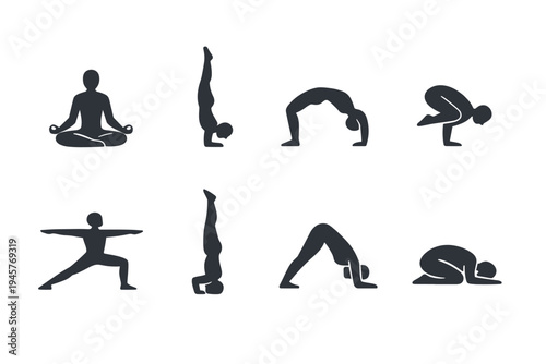 Collection of diverse yoga poses silhouettes for fitness and wellness