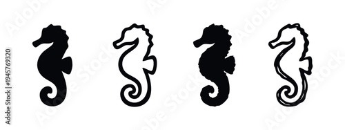 Stylized Seahorse Icon Set. Black Silhouette and Outline Marine Animal Symbols with Doodle Style.