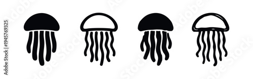 Stylized Jellyfish Icon Set. Black Silhouette and Outline Marine Animal Symbols with Doodle Style.