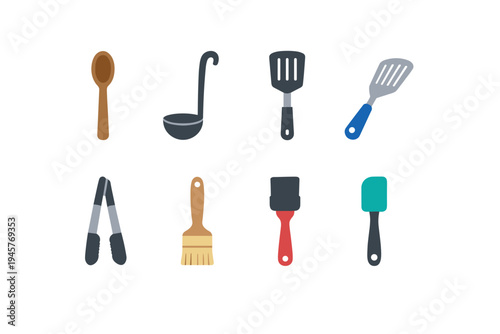 Collection of eight colorful kitchen utensils and cooking tools on a white background
